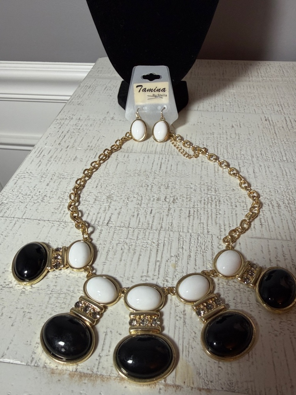 Gold-Tone Black & White Cabochon Statement Necklace with Earrings